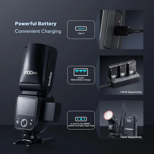 Miniatura 6 de Godox V100 V100-C Versión USA Flash para Canon, Speedlite de Pantalla Táctil 100Ws, Flash Auxiliar Desmontable, Batería de Carga USB-C, 2.4G