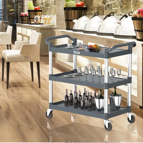 Miniatura 8 de TUFFIOM Carrito de servicio de plástico con ruedas, resistente capacidad de 450 libras, enrollado comercial de 3 niveles, ideal para restaurante