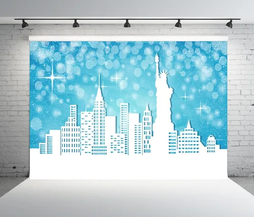 Miniatura 4 de BELECO Telón de fondo de tela de 5 x 3 pies con diseño de Feliz Navidad en Nueva York, escena de nieve, puntos con purpurina azul, estrellas
