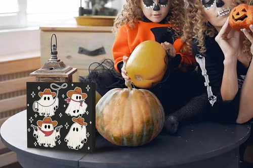 Miniatura 3 de KEUSPI Letrero de madera de fantasma de Halloween occidental, decoración del hogar, decoraciones de Halloween occidentales, lindo vaquero fantasma