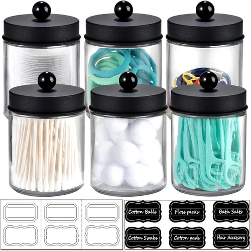 Amolliar 6 tarros de boticario para baño, organizador de tocador de baño, decoración rústica de granja con tapas de acero inoxidable, soporte Negro