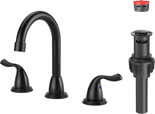ARCORA - Grifo de baño negro mate de 3 agujeros, grifo de baño extendido de 8 pulgadas, 2 asas, grifo giratorio de 360 grados con drenaje Pon Up y