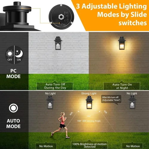 Miniatura 4 de Luces de Porche Exteriores con Sensor de Movimiento con Toma GFCI, 3 Modos de Luminaria Exterior del Anochecer al Amanecer, Luminaria de Iluminación