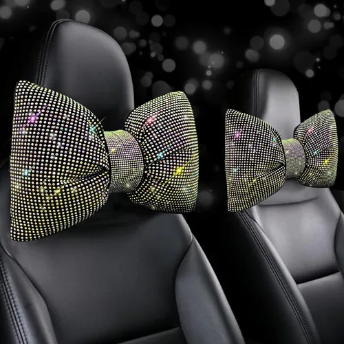 Miniatura 10 de 2 PCS Almohadas Brillantes para Automóvil, Almohada de Reposacabezas de Coche con Lazo de Pedrería, Almohada Cervical para Coche para Relajación