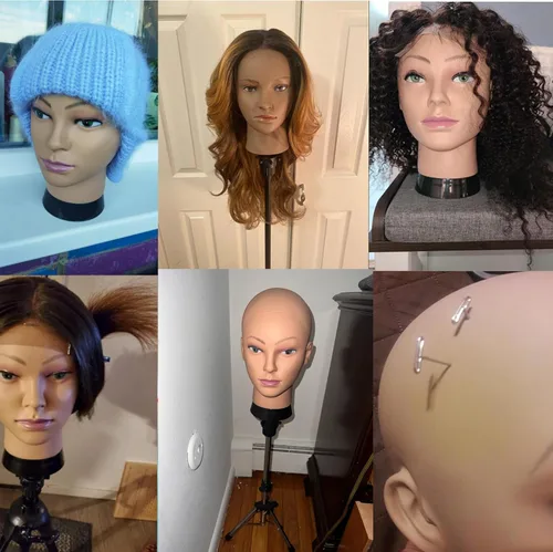 Miniatura 7 de Cabeza de maniquí calvo para mujer, maniquí profesional de entrenamiento de cosmetología, calvo para hacer pelucas y exhibir cabeza de maniquí Beige