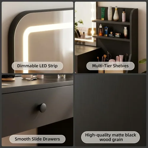 Miniatura 4 de Escritorio de tocador de maquillaje con espejo LED y estantes inclinados de 5 niveles, 7 áreas de almacenamiento abiertas y 3 cajones, tocador