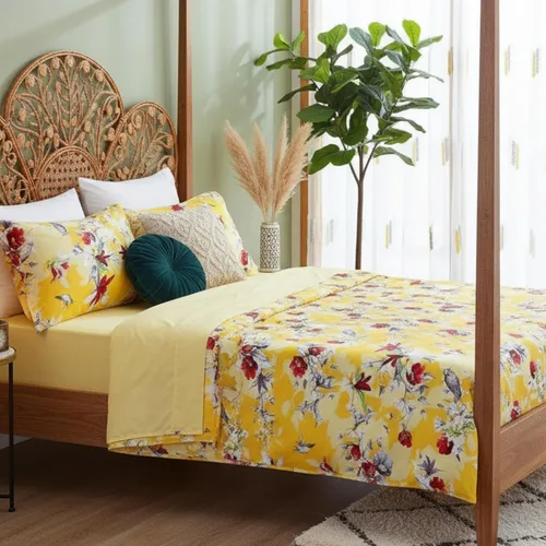 DaDa Bedding - Juego de sábanas bajeras y planas con diseño floral amarillo radiante de colibríes, flores rojas multicolores, brillantes y vibrantes