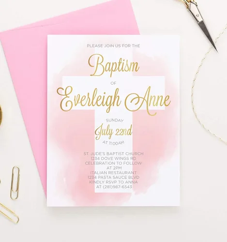 Miniatura 2 de Invitaciones de bautismo en acuarela rosa y dorada para niñas, invitaciones de bautismo personalizadas para niñas, tu elección