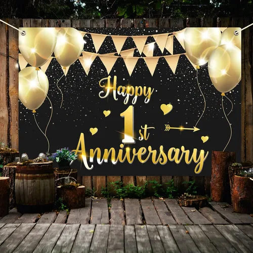 Miniatura 5 de HAMIGAR Fondo de pancarta de feliz primer aniversario de 6 x 4 pies, 1 decoración de aniversario de boda, suministros para fiesta, color negro