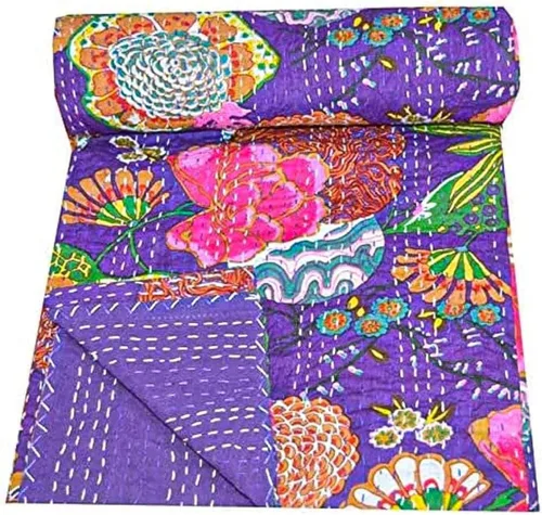 Miniatura 3 de Manta Kantha de retazos bohemios, manta de cama bohemia tamaño King, colcha Kantha con estampado de frutas, funda de cama Kantha hecha a mano Beige