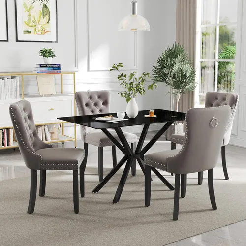Miniatura 13 de Juego de comedor moderno de cristal de lujo de 5 piezas, juego de comedor rectangular minimalista para 4, juego de mesa de cocina de vidrio