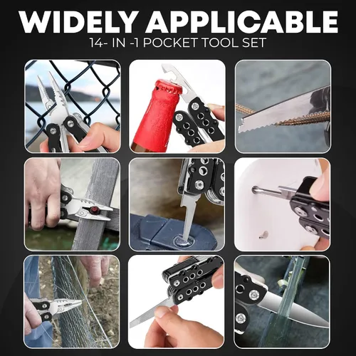 Miniatura 6 de Alicates multiherramienta 14 en 1 de acero inoxidable, grandes accesorios de camping, regalos de múltiples herramientas para hombres con soporte