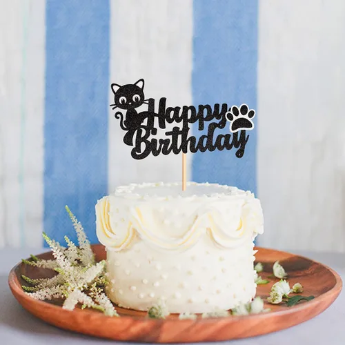 Miniatura 4 de 1 pieza de decoración de pastel de cumpleaños de gatito negro con purpurina para pastel de cumpleaños para amantes de los gatos, baby shower, niños