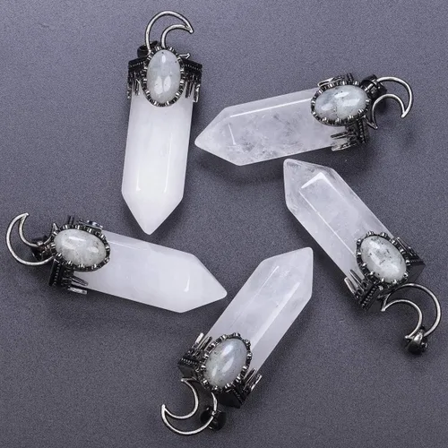 Miniatura 2 de TUMBEELLUWA Paquete de 2 collares con colgante de piedra de cristal natural con cadena para hombres y mujeres, péndulo de punta de cristal hexagonal