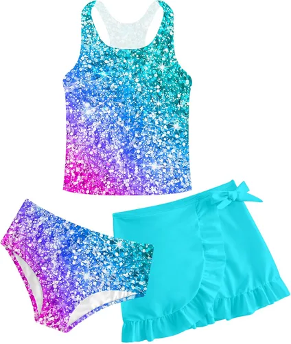Miniatura 47 de Traje de baño tankini de 3 piezas para niñas, lindo bikini con salida de baño con falda de playa de 5 a 16 años