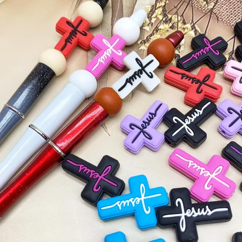Miniatura 3 de 20 cuentas focales de silicona para bolígrafos, kit de fabricación de llaveros con dijes de fe de Jesús, formas surtidas para personajes de Cuentas