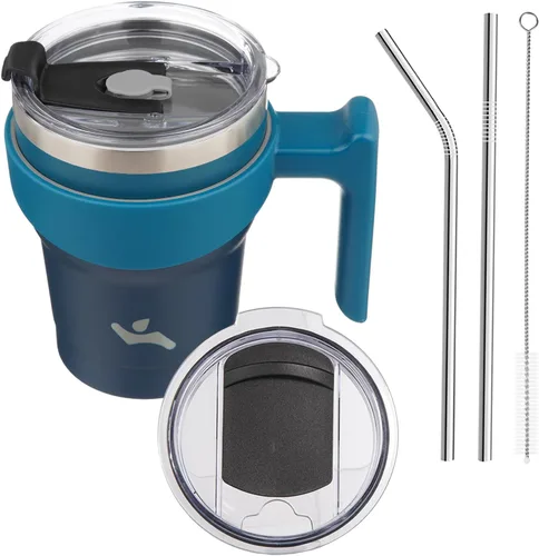 Miniatura 15 de Konokyo - Vaso de 10 onzas con asa y 2 popotes, 2 tapas, botella de agua aislada de acero inoxidable, taza de viaje reutilizable, color verde militar