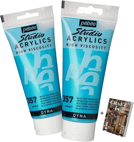 P e b e o Studio Acrílicos de alta viscosidad, acrílico fino, paquete de 2 pinturas acrílicas iridiscentes azul verde de 3.4 fl oz, arte y