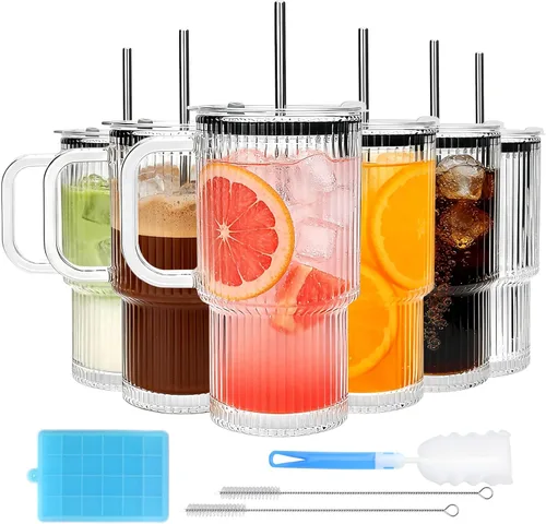 Miniatura 8 de Accguan Vaso de vidrio acanalado de 18 onzas con popote y tapa, taza de vidrio, tazas de café reutilizables con tapas, vasos de vidrio con tapas
