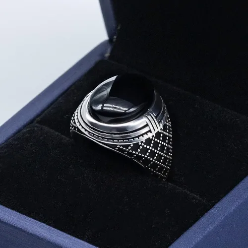 Miniatura 4 de SKOOMEN Anillo de plata de ónix negro para hombre, anillo ovalado grande con caja de joyería, joyería fina para hombre con piedras preciosas