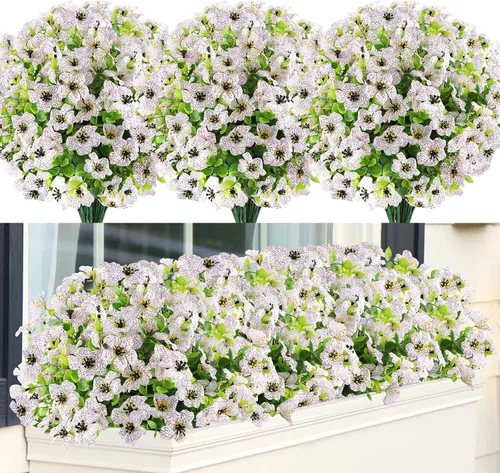Miniatura 18 de GREENRAIN 6 paquetes de flores artificiales resistentes a los rayos UV, plantas falsas para exteriores, flores de plástico sintético para jardín