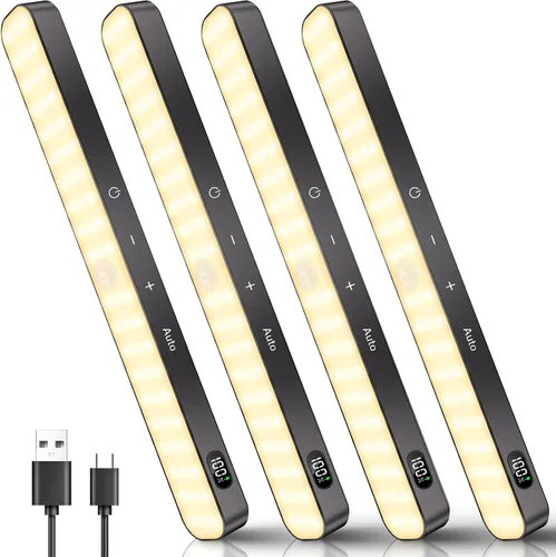 Ferswe Luces de armario recargables, pantalla de nivel de batería, luces regulables, luz con sensor de movimiento de 3000 K para interiores, 60