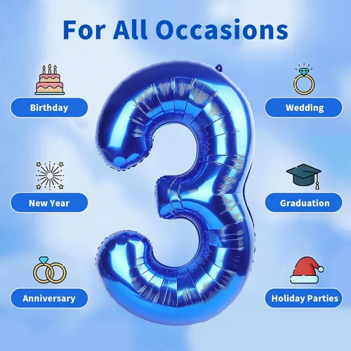 Miniatura 5 de Globo gigante de 40 pulgadas azul marino con número, globo de Mylar de helio de color azul oscuro para fiesta de cumpleaños, globo número 3
