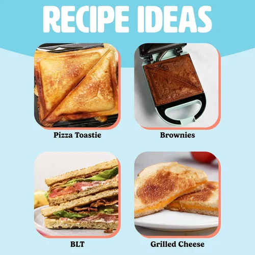 Miniatura 6 de Mini Sandwichera Tasty, Hace Sándwiches, Paninis, Queso a la Parrilla, Postres, Resultados Rápidos, Fácil Limpieza, 600W, Aqua (Paquete de 6)