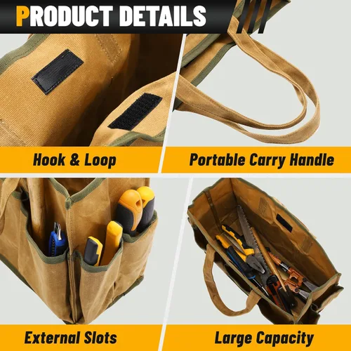 Miniatura 3 de Bolsa de herramientas de lona encerada de 16 onzas Bolsa de almacenamiento de herramientas de gran capacidad con 10 bolsillos externos Caqui