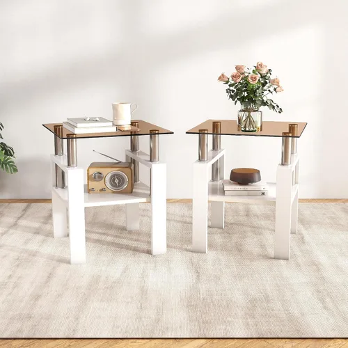 Miniatura 15 de Meihua Mesa auxiliar de vidrio para espacios pequeños, mesa auxiliar cuadrada de vidrio, mesita de noche moderna de 2 niveles con patas de metal