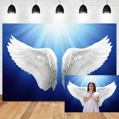 Fondo de fotografía romántica de 5 x 3 pies, cielo azul, alas de ángel blanco volador, luz solar, plumas abstractas, soñador, santo, cristiano,