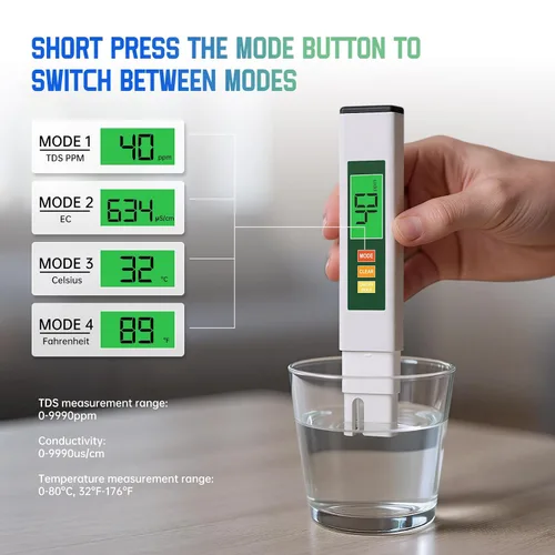 Miniatura 4 de Probador de Agua TDS, Medidor TDS 4 en 1 Probador Digital de Agua para Agua Potable, Profesional 0-9990ppm PPM EC y Temp Medidor TDS de Agua