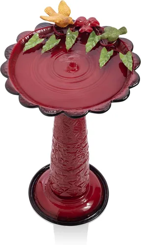Miniatura 9 de Alpine Corporation - Baño de pájaros de metal para exterior de 28" de alto con estatua de jardín de ardillas y hojas, rojo – Impresionante acento