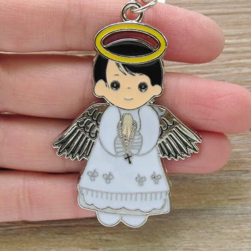 Miniatura 4 de Regalo personalizado de primera comunión (12 piezas) - Llavero de metal de niño ángel blanco, regalo de bautizo para invitados con grabado/bautismo