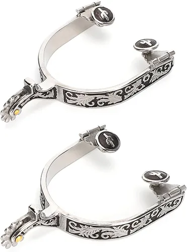 Espuelas de caballo, 1 par de espuelas de bola de rodillo de 3.35 x 3.15 pulgadas, acero inoxidable plateado grabado, estilo espuelas de caballo con