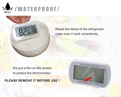 Miniatura 6 de AEVETE Termómetro digital impermeable para refrigerador con pantalla LCD grande, termómetro de sala de congelador con parte trasera magnética, sin