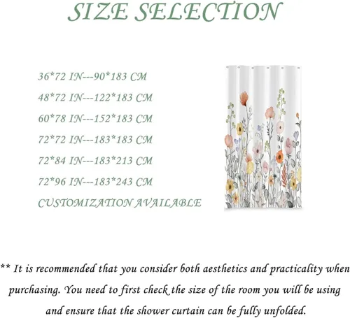 Miniatura 7 de Yeele Cortina de ducha floral de 36x72 pulgadas, juego de baño retro bonito con flores silvestres de acuarela, cortina de baño natural botánica