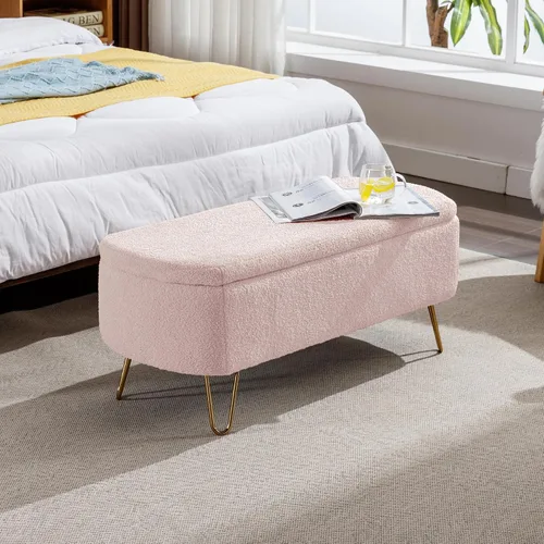 Miniatura 9 de TTK Otomana con almacenamiento para dormitorio, moderno banco otomano de piel sintética con patas de metal dorado, banco de entrada largo de sherpa