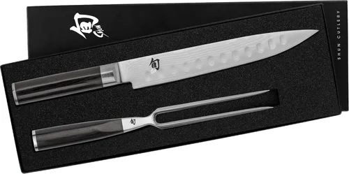 Shun Juego clásico de 2 piezas para tallar, incluye cuchillo clásico hueco de 9 pulgadas y tenedor para tallar, juego japonés hecho a mano, núcleo