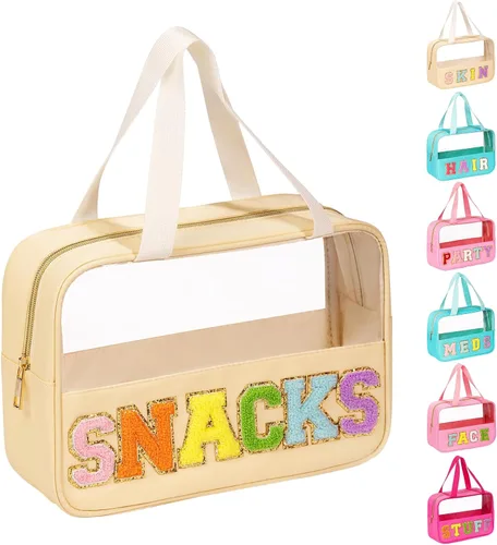 Miniatura 13 de Eurovicky Bolso de Maquillaje Transparente con Letras de Chenilla, Bolsa de Maquillaje de Nailon Preppy con Asa y Cremallera, Bolsa de Viaje