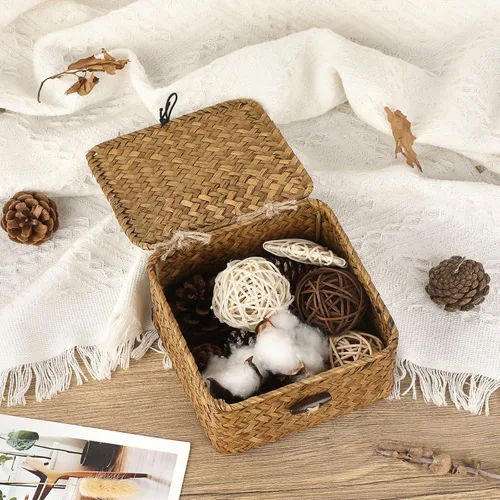 Miniatura 7 de Hipiwe Cestas de Mimbre para Estantes Contenedores con Tapa Cesta de Almacenamiento de Hierba Marina Tejida a Mano Organizador Multiusos Doméstico