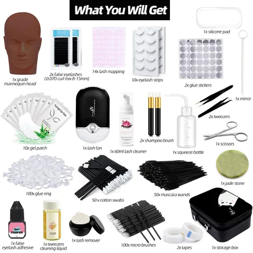 Miniatura 2 de Kit de extensión de pestañas, herramientas profesionales de entrenamiento de injerto de pestañas, cabeza de maniquí, ventilador USB, champú de Negro