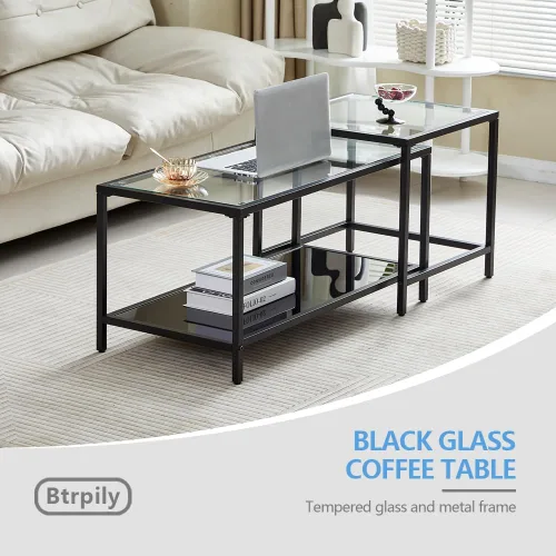 Miniatura 4 de Mesa de centro de cristal de metal negro, mesa de centro simple para sala de estar, hogar, mesa de centro con marco de metal con 2 estantes, mesa