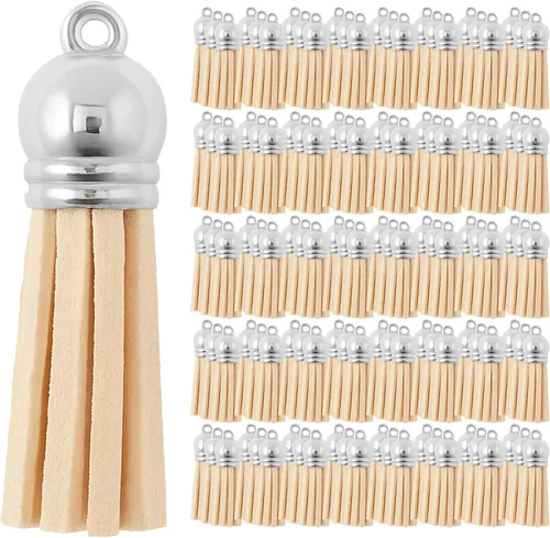 Miniatura 105 de Mandala Crafts 100 borlas de gamuza sintética color aguamarina con tapa dorada, suministros para hacer llaveros a granel, pequeñas borlas de cuero