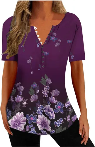 Miniatura 9 de Summer Shirts for Women 2025 Plus Size Short Sleeve Henley Tops Marble Floral Loose Tshirt Tee Casual Dressy Tunics