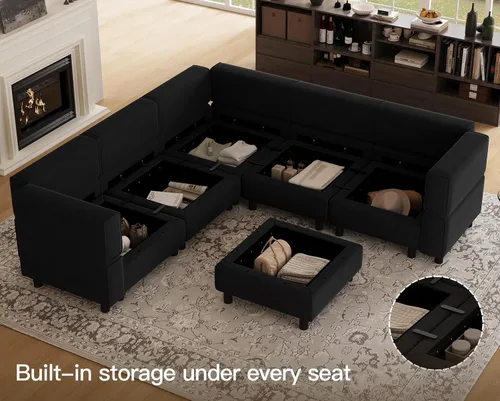 Miniatura 4 de Belffin - Sofá seccional modular con asientos de almacenamiento de terciopelo, en forma de L, con rincón, convertible, con diván, color negro