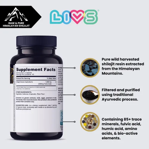 Miniatura 3 de LIVS Cápsulas puras de Shilajit del Himalaya para hombres, 1000 mg por porción con 50% de ácido fúlvico y más de 85 minerales traza, energía