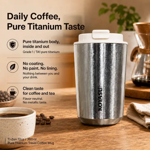Miniatura 8 de KOYASU Ti-Zen - Taza de café de viaje de titanio puro, 12 onzas, vaso de café aislado a prueba de fugas con tapa roscada con sello roscado, sin
