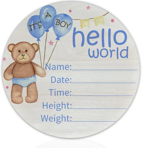 Hello World Birth Announcement - Cartel redondo de madera de abedul para recién nacido, para guardería, hospital, baby shower, placa personalizada