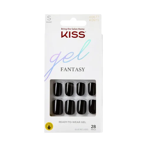 KISS Gel Fantasy, uñas a presión, pegamento de uñas incluido, 'Aim High', negro, tamaño corto, forma cuadriculada, incluye 28 uñas, 0.07 onzas de